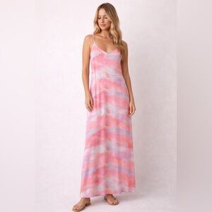 Bella Dahl Watercolor Tie Dye Maxi Dress Pink Blue Spaghetti Strap Size Small